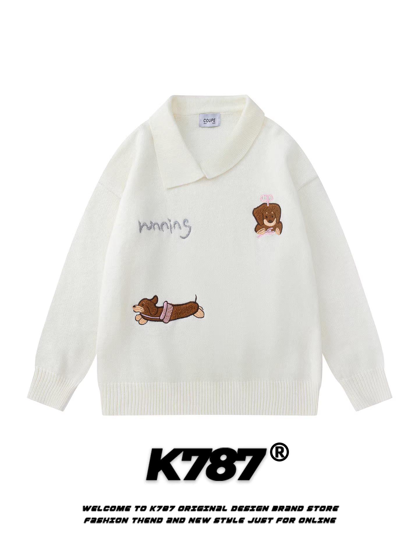 Áo len cổ không đều thêu hình chó phong cách giản dị kiểu Mỹ K787 dành cho nữ, ngọt ngào, rộng rãi, trẻ trung, ấm áp.