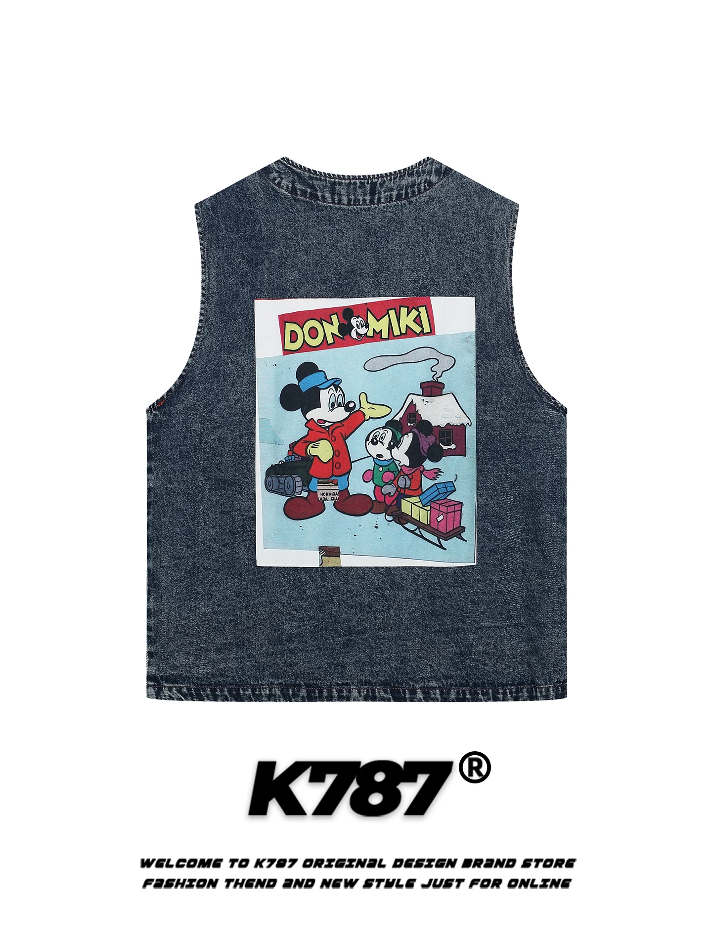 Áo vest denim chắp vá cổ điển kiểu Mỹ K787 dành cho nam và nữ, xu hướng quốc gia, áo khoác không tay nhiều lớp được giặt và làm cũ