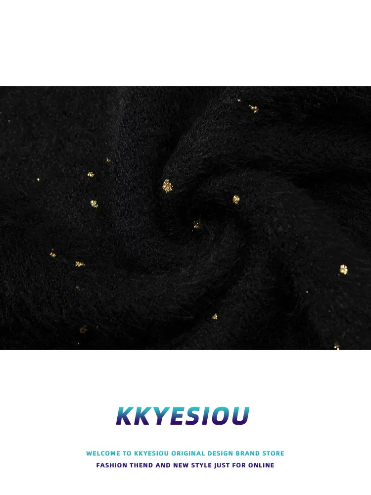 Áo len dệt kim đen đính sequin kiểu dáng lười KKyesiou dành cho nam và nữ, mùa thu 2024, phong cách đường phố Mỹ, áo len đôi