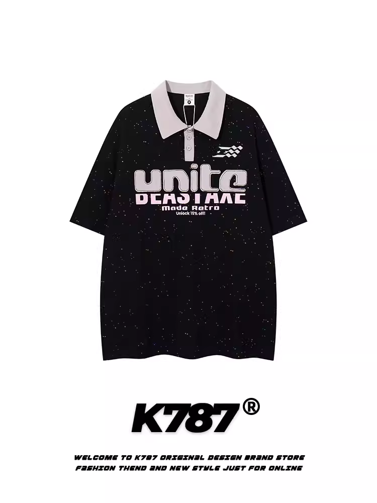 K787 Áo thun ngắn tay thêu bầu trời đầy sao theo phong cách retro của Mỹ unisex đa năng áo sơ mi polo màu sắc thông thường