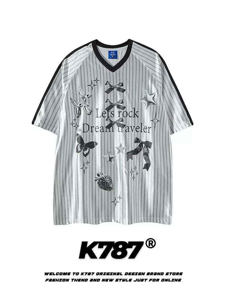 K787 Áo thun thể thao ngắn tay phong cách retro kiểu Mỹ dành cho nam và nữ, áo jersey cổ chữ V sọc, áo thun cặp đôi tay lửng rộng rãi.