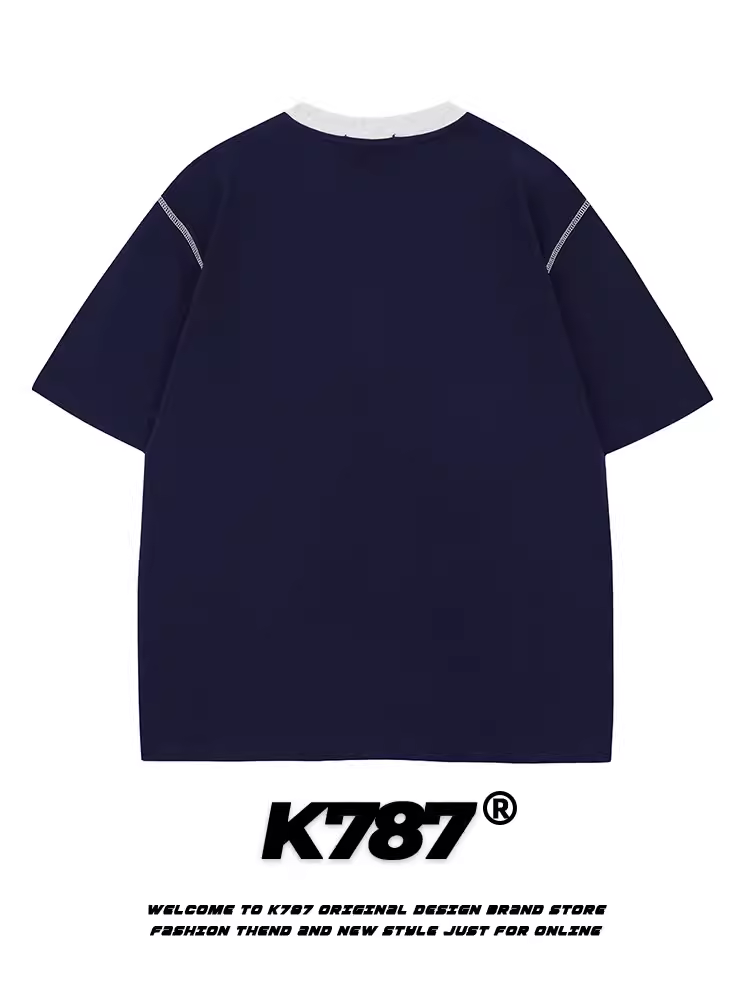 K787 Mỹ retro Hello Kitty nơ ren chắp vá áo thun ngắn tay unisex phong cách đại học cặp đôi top tee