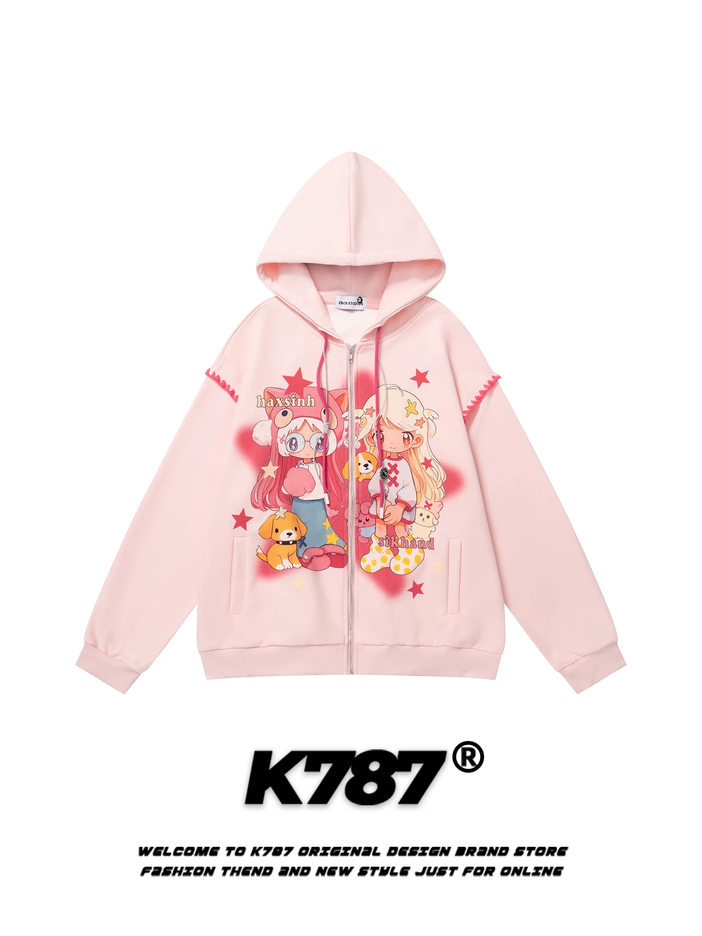 K787 Áo len cardigan có mũ trùm đầu in hình hoạt hình đường phố Mỹ dành cho nam và nữ màu hồng subculture y2k áo khoác cặp đôi mùa thu