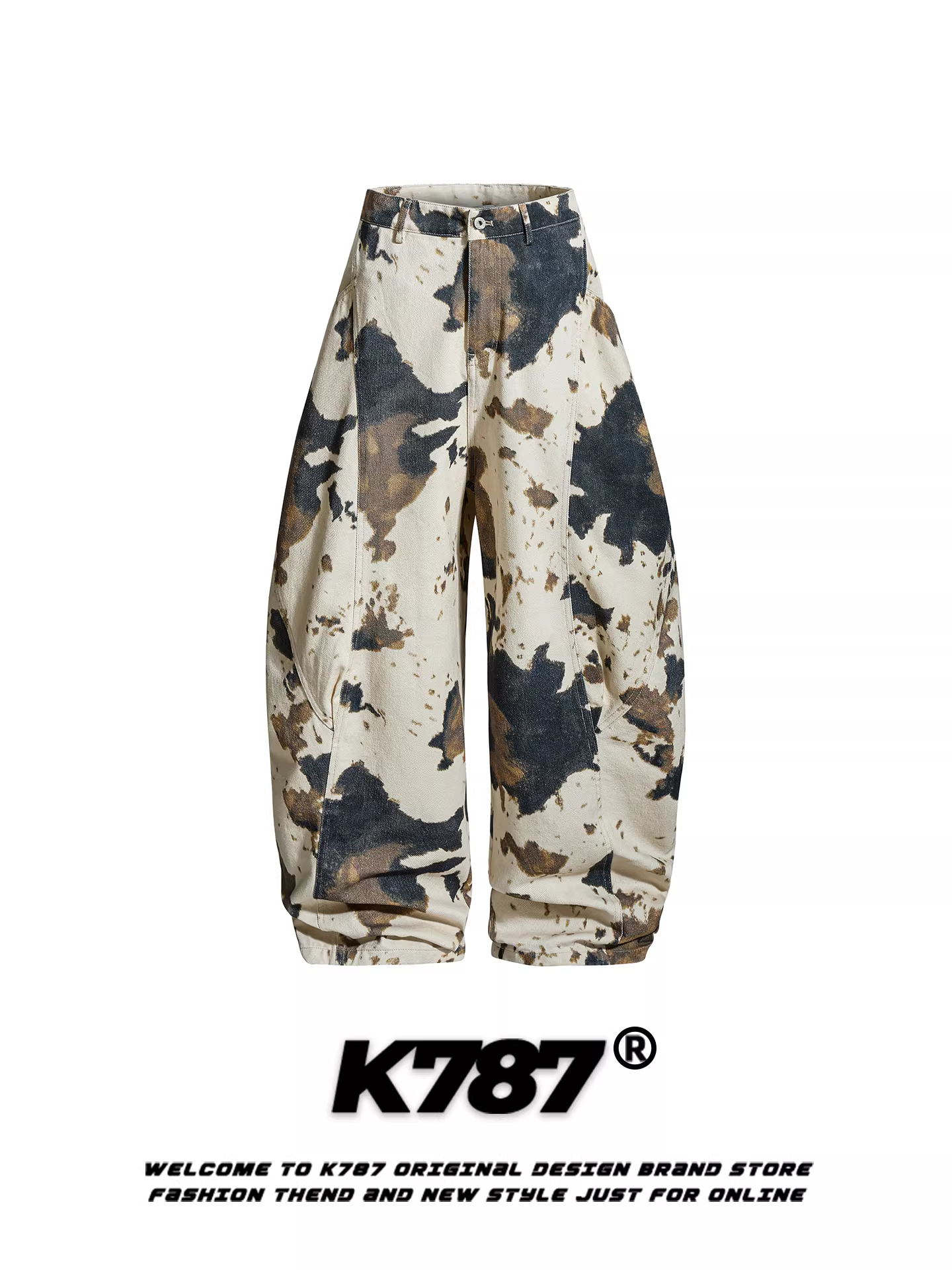 Quần jeans K787 kiểu Mỹ cổ điển, nhuộm tie-dye, dáng scimitar, unisex, xu hướng quốc dân, rộng rãi, thoải mái, cạp cao, ống rộng, kiểu cargo