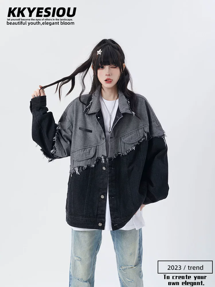 Áo khoác denim phối màu theo phong cách Mỹ của KKyesiou dành cho nam và nữ, áo khoác cặp đôi dáng rộng tua rua cổ điển