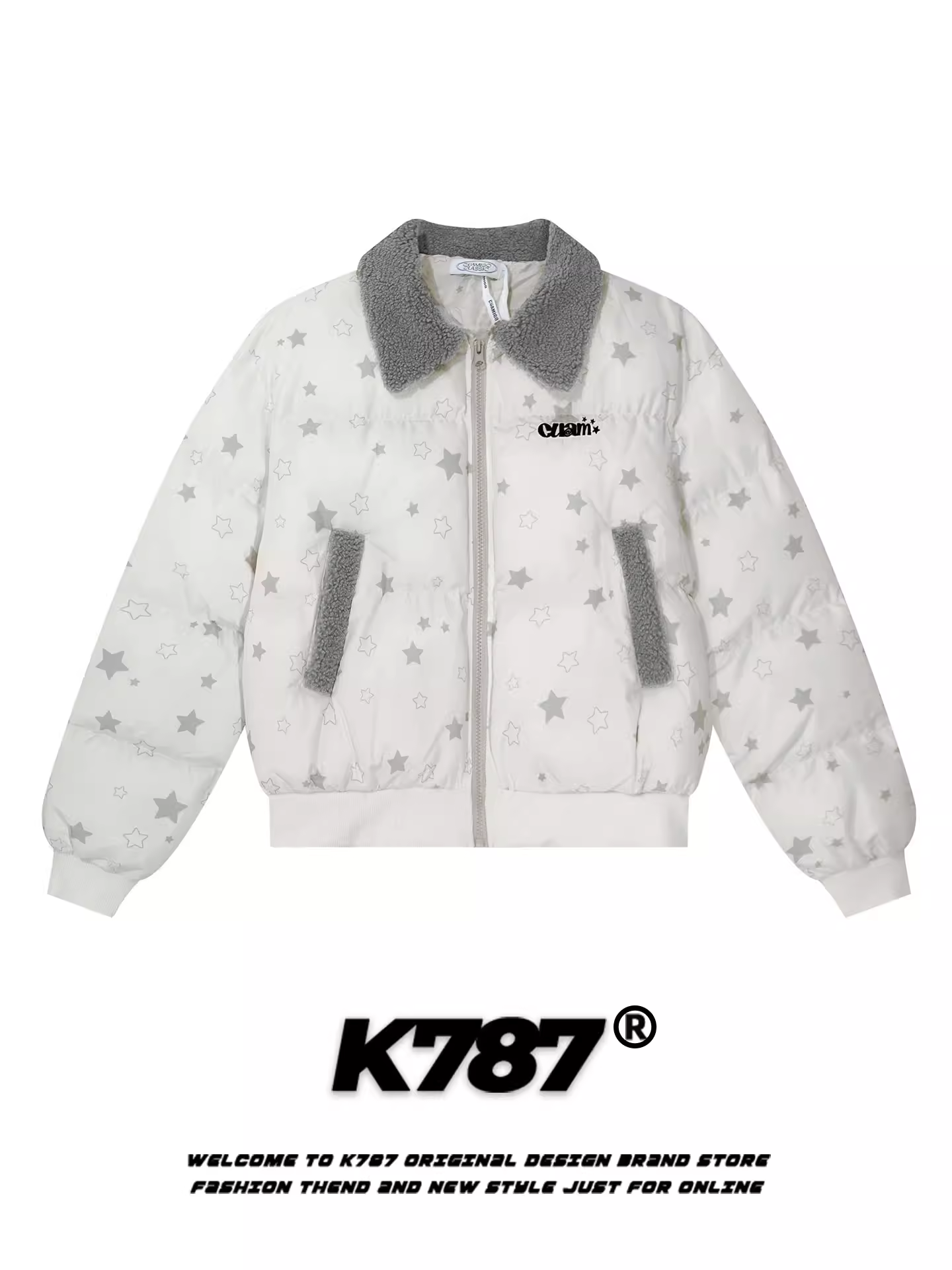 Áo khoác cotton cổ lông in hình sao đầy đủ phong cách retro Mỹ K787 dành cho nữ, phong cách ngọt ngào và cá tính, áo phao dày dặn ấm áp cho mùa đông.