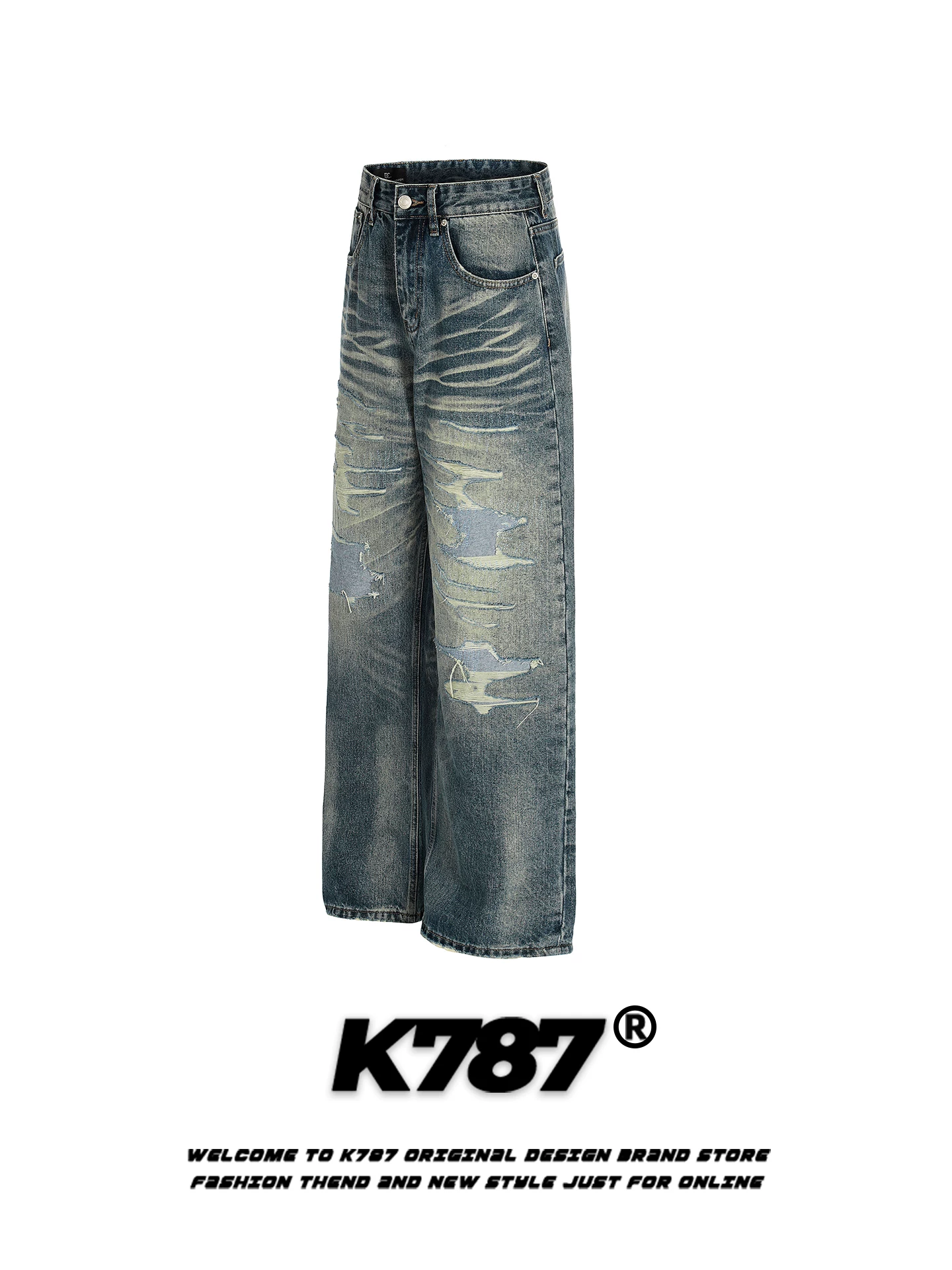 Quần jeans rách kiểu đường phố Mỹ K787 dành cho nam, dáng rộng, màu phai, thương hiệu thời thượng, phong cách cá tính, quần dài ống rộng thoải mái