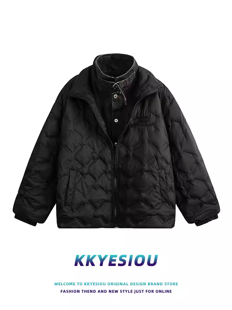 Áo khoác phao denim phối lớp cổ kép kiểu Mỹ cổ điển KKyesiou dành cho nam và nữ, áo khoác phao mùa đông 90% lông vịt trắng
