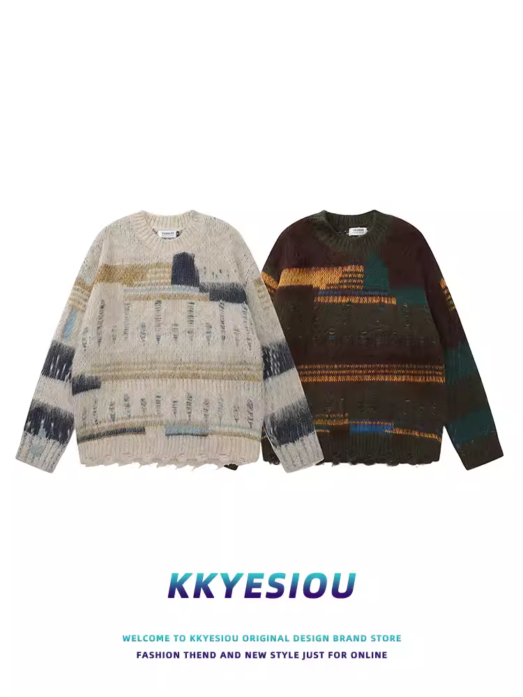 Áo len dệt kim màu phối phong cách retro Mỹ của KKyesiou dành cho nam và nữ, áo len cặp đôi đa năng phong cách dân tộc