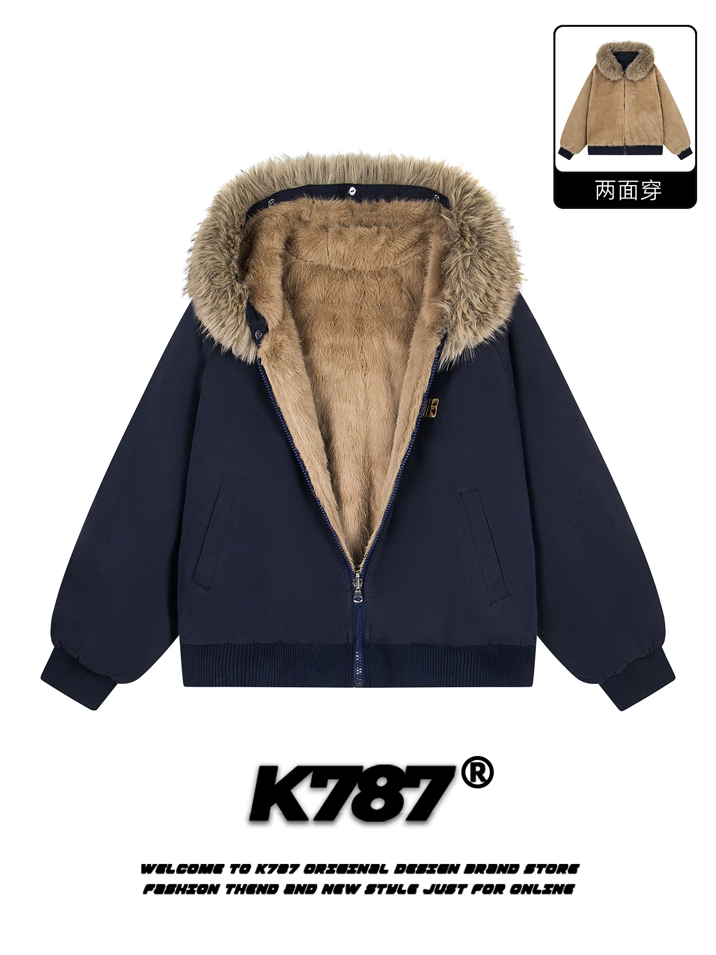 Áo khoác cotton có mũ trùm đầu, cổ lông thú hai mặt kiểu Mỹ cổ điển K787 dành cho nam và nữ, ấm áp, dày dặn, kiểu dáng gọn gàng, khóa kéo, thích hợp cho mùa đông.