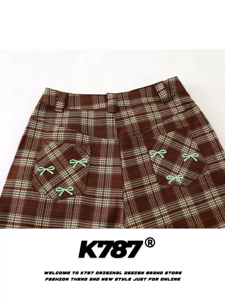 Quần ống rộng unisex kiểu dáng xu hướng đường phố, cạp cao, chất liệu kẻ caro, in họa tiết hoạt hình retro Mỹ, kiểu dáng lửng, rộng rãi, thoải mái, mã K787