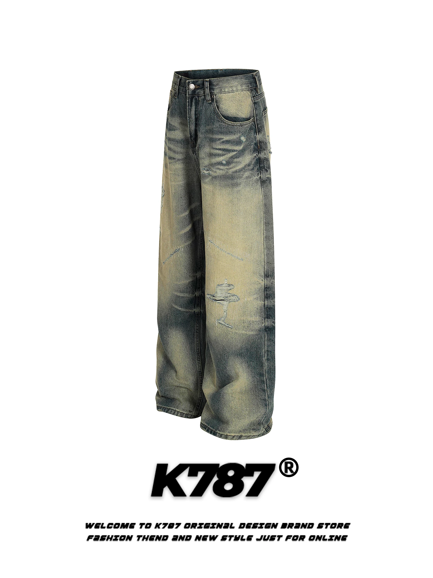 Quần jeans K787 kiểu Mỹ cổ điển, xước rách, dành cho nam và nữ, dáng rộng, màu phai, kiểu dáng vintage, ống thẳng, hợp thời trang.