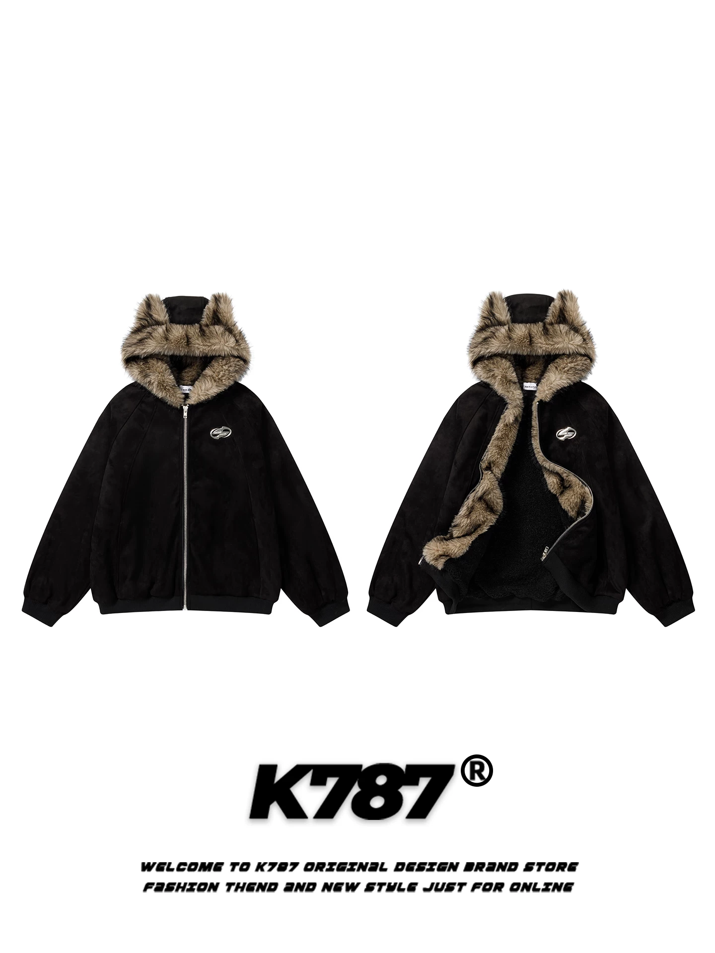 Áo khoác cotton có mũ trùm đầu kiểu retro Mỹ K787 dành cho nam và nữ, lót lông cừu, dày dặn, ấm áp, áo khoác cotton dành cho cặp đôi.