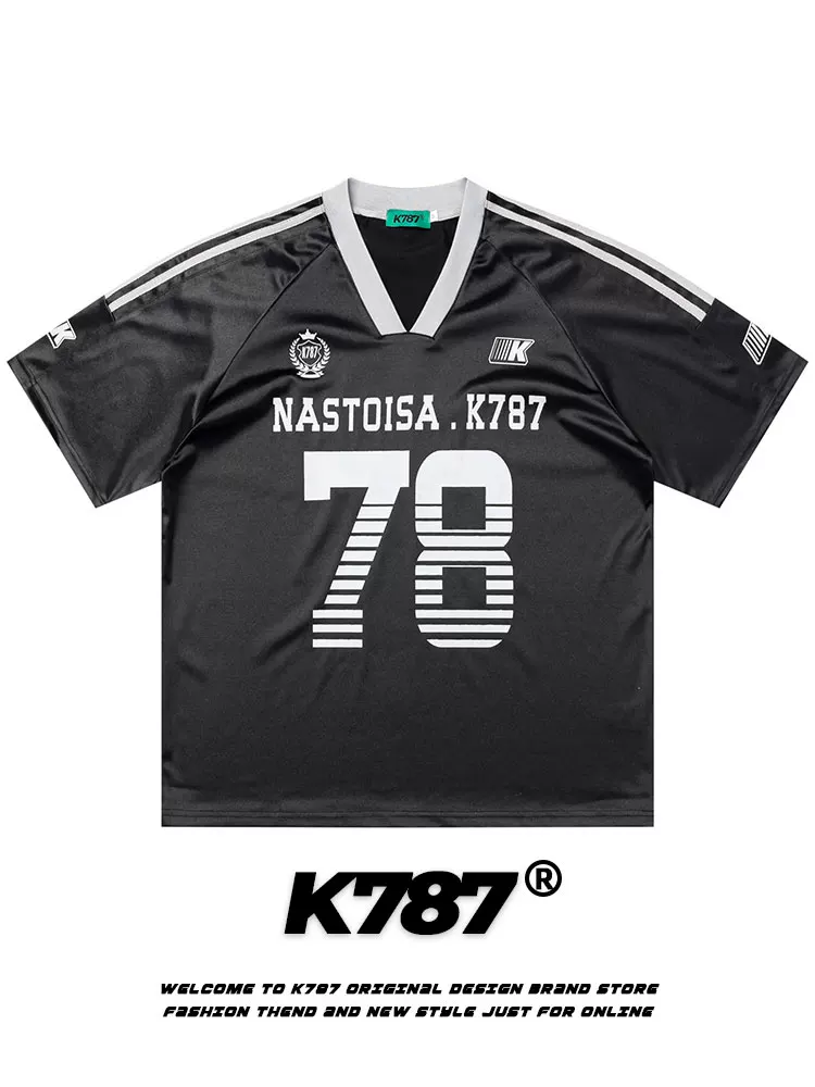 K787 Áo thể thao satin acetate cổ điển kiểu Mỹ nửa tay áo unisex blokecore sọc cổ chữ V ngắn tay áo thun