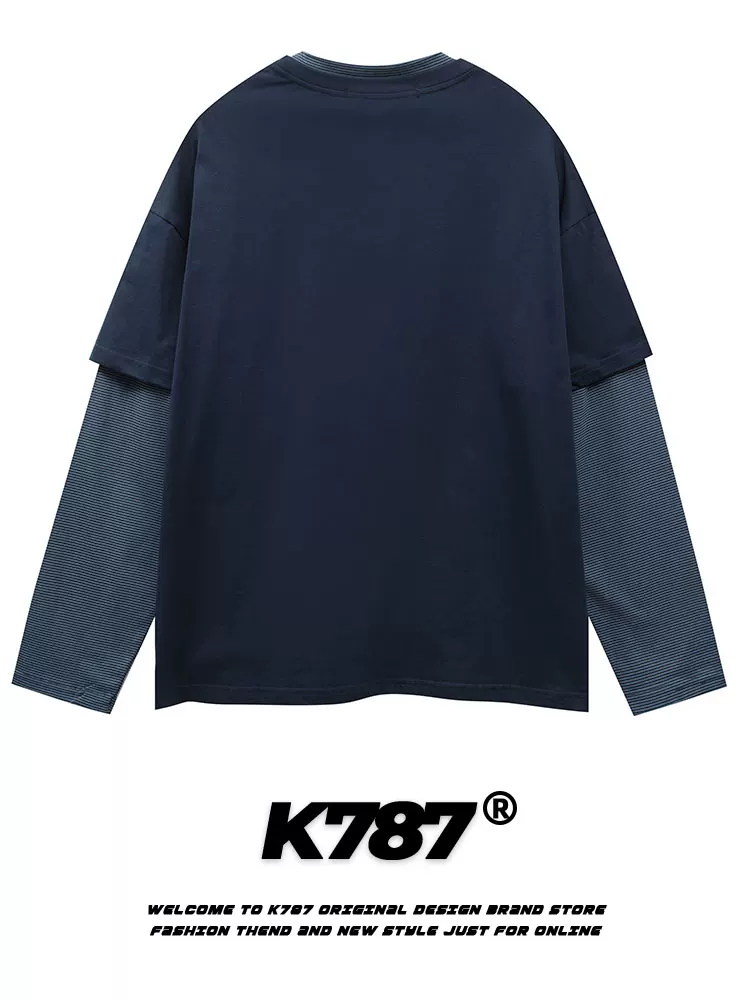 K787 Áo thun dài tay giả hai mảnh cổ điển kiểu Mỹ đã qua giặt cổ điển unisex áo nỉ ngoại cỡ ins áo đôi