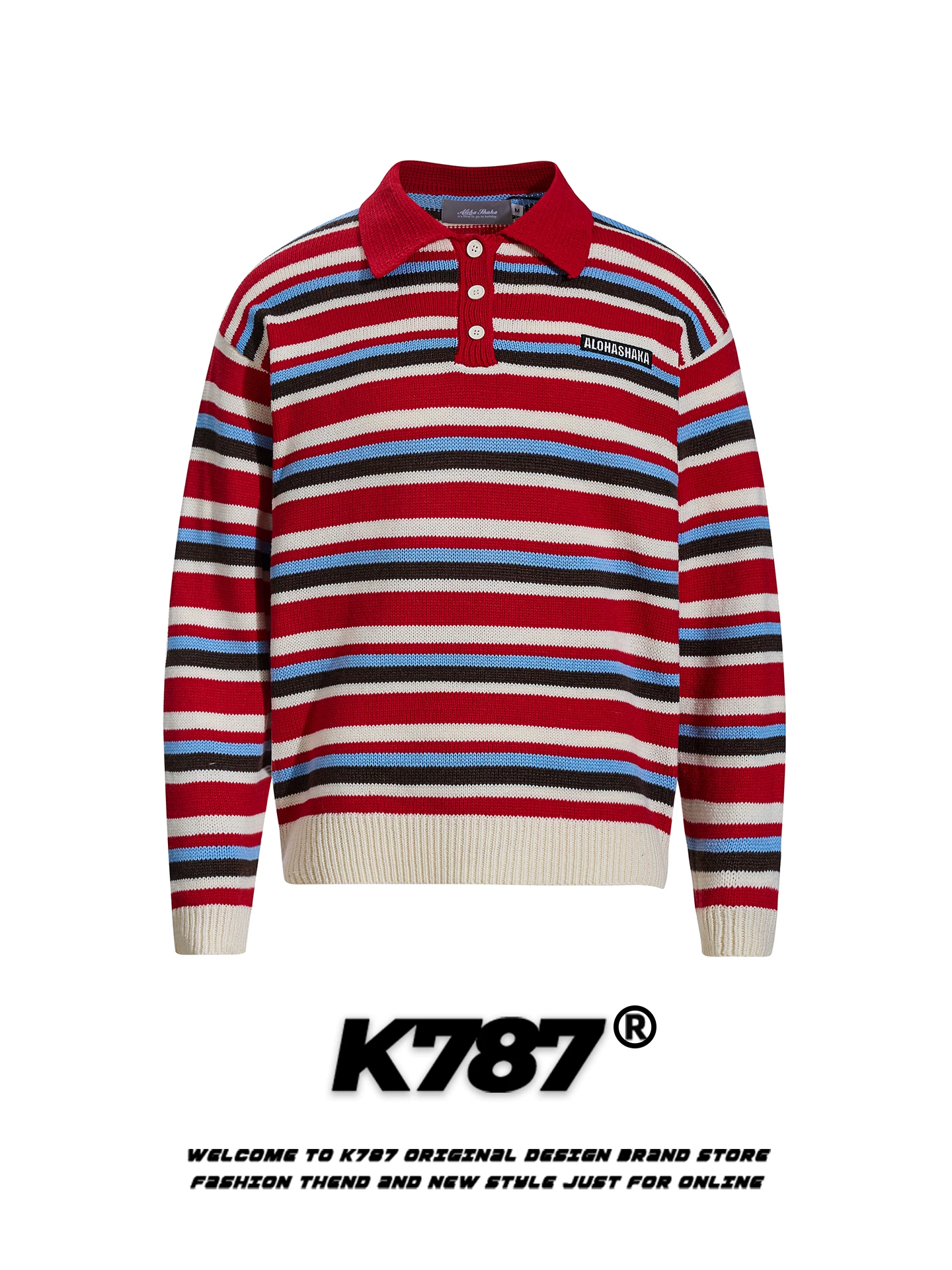 K787 Áo len cổ polo sọc phong cách đường phố Mỹ unisex dáng rộng xu hướng quốc gia đi lại đa năng cặp đôi dệt kim