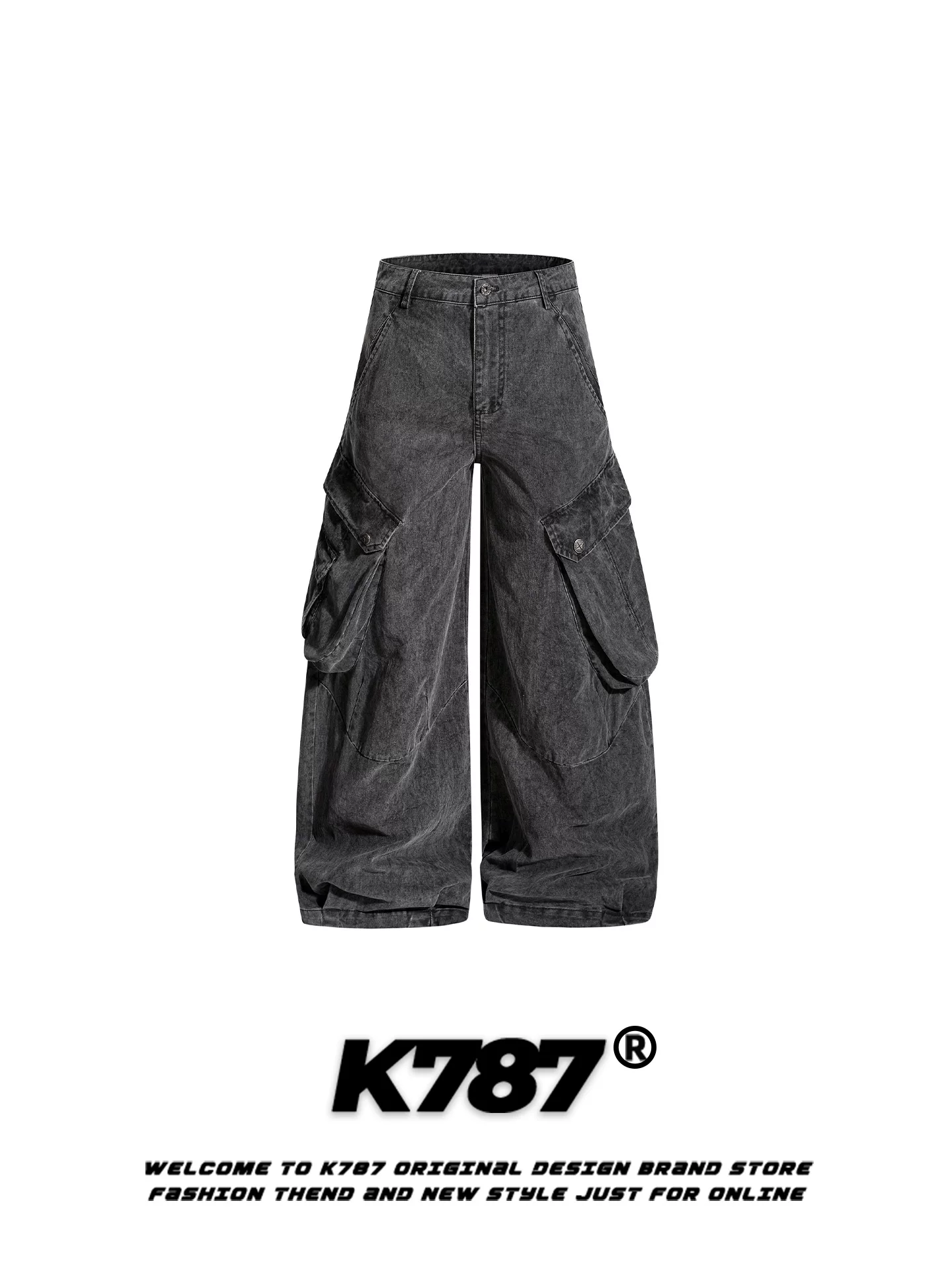 Quần K787 kiểu Mỹ cổ điển, nhiều túi, kiểu cargo, dáng xẻ tà, dành cho nam và nữ, dáng rộng, tôn dáng, cạp cao, dài chấm đất, ống rộng