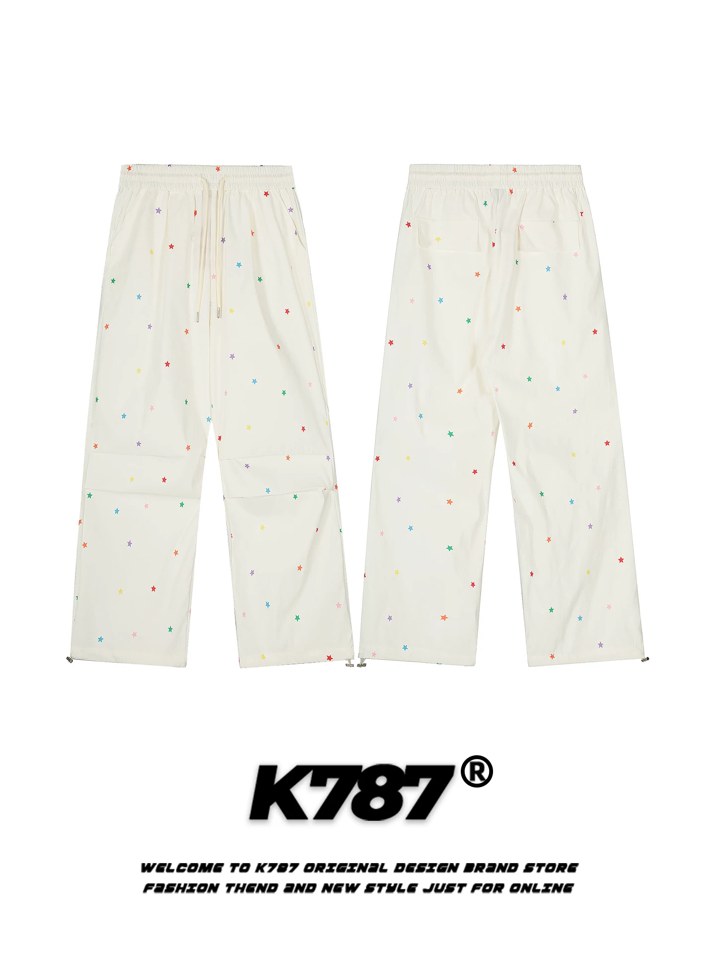 K787 Quần dù xếp ly in hình ngôi sao phong cách đường phố Mỹ unisex lưng cao thể thao đa năng quần ống rộng dáng thẳng thông thường