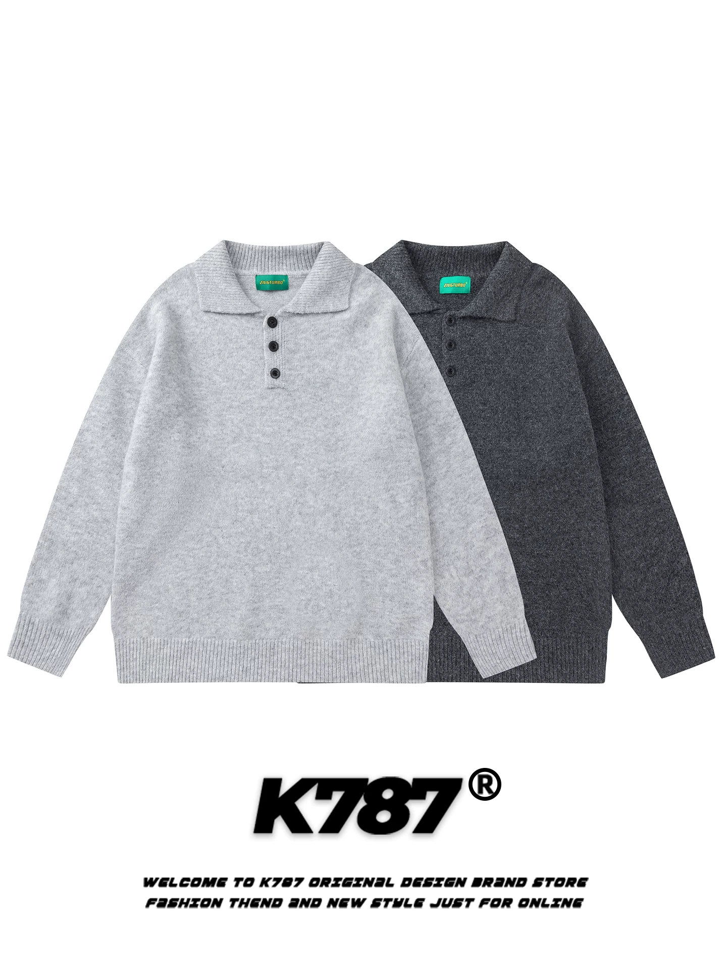 Áo len dệt kim cổ trụ màu trơn phong cách đường phố Mỹ K787, unisex, đa năng, dáng rộng, kiểu áo polo thời trang