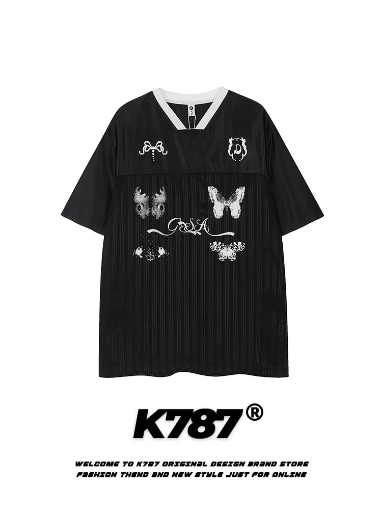 K787 phong cách lười biếng in hình bướm chắp vá jersey nửa tay áo unisex blokecore áo thun ngắn tay cổ chữ V dáng rộng mùa hè