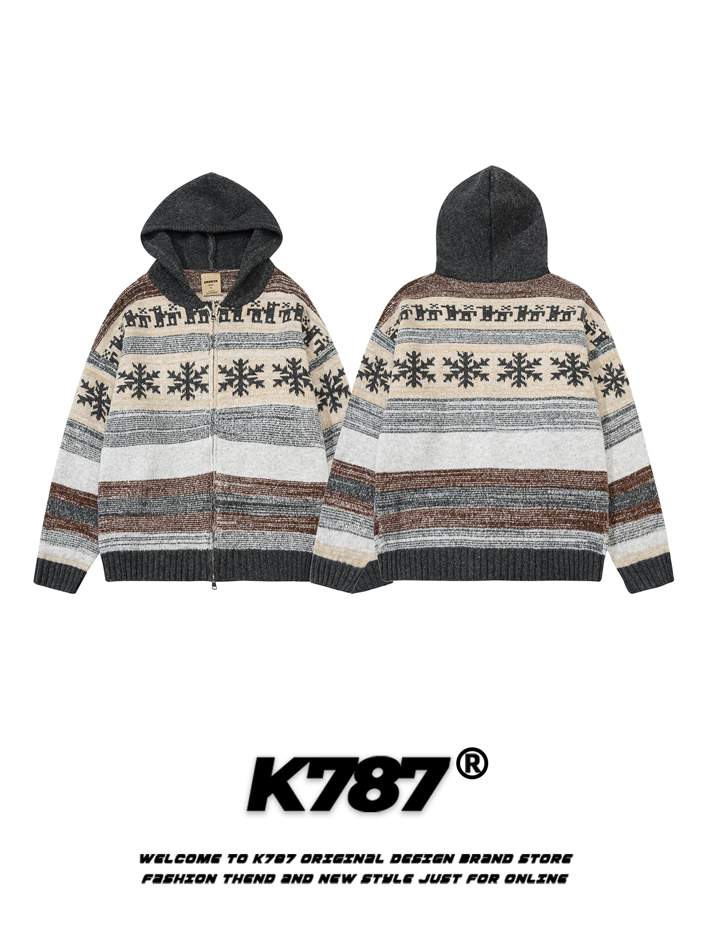 Áo len dệt kim có mũ trùm đầu kiểu cổ điển Mỹ K787 dành cho nam và nữ, áo len cardigan ấm áp, dáng rộng, giản dị, trẻ trung