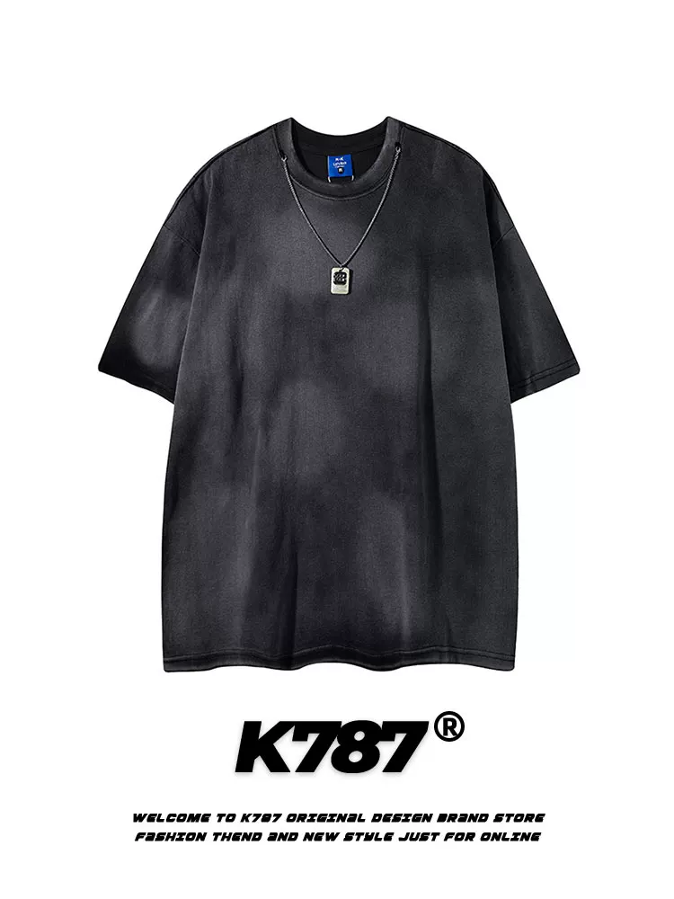 K787 Áo thun ngắn tay cotton nguyên chất phong cách retro tie-dye hip-hop dành cho nam và nữ, vòng cổ hip-hop, áo đôi dáng rộng chắp vá.