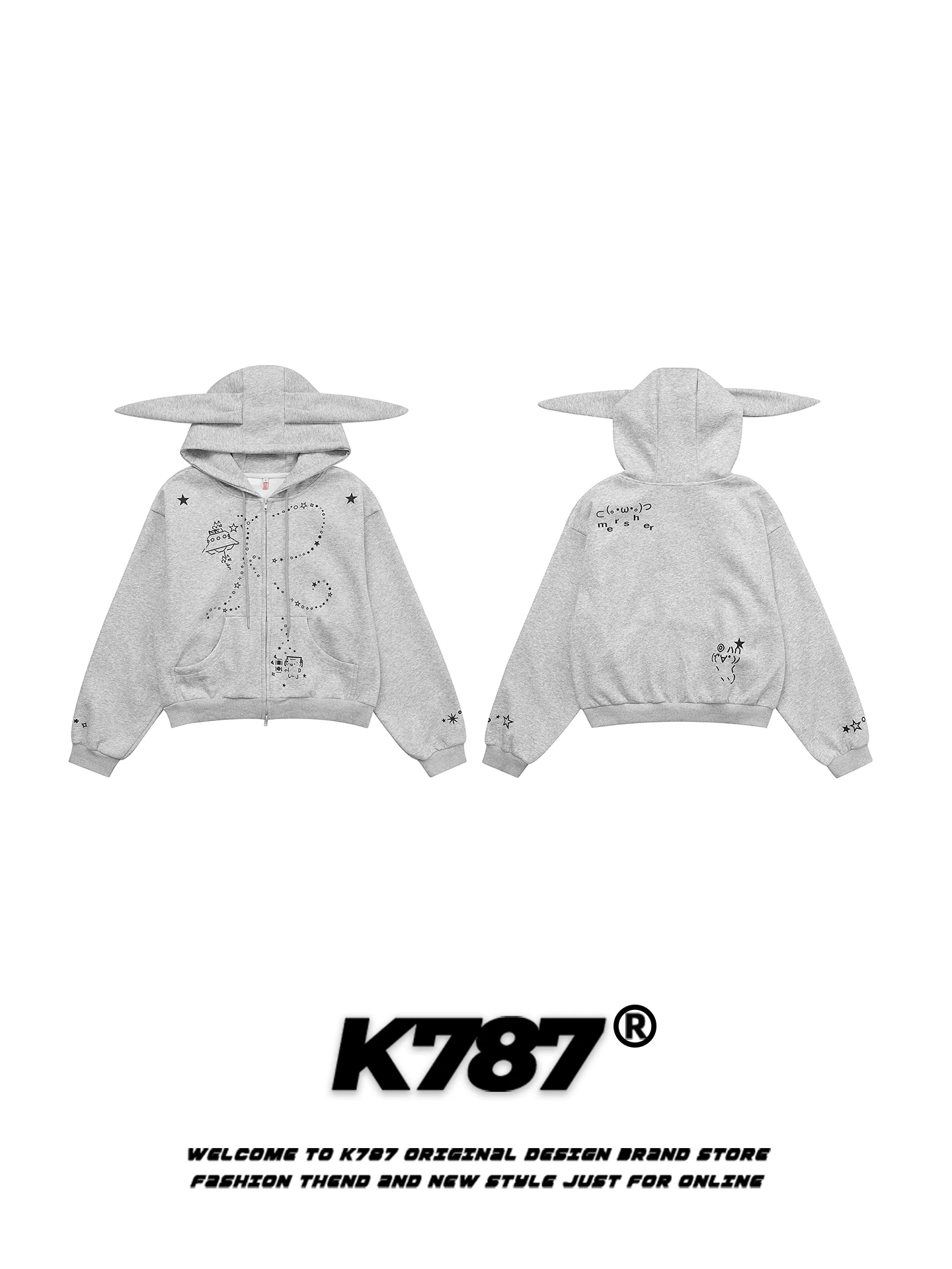 Áo khoác cardigan có mũ trùm đầu hình tai thỏ kiểu Mỹ cổ điển K787 dành cho nữ, áo khoác ngắn có khóa kéo phong cách giản dị ngọt ngào và cá tính