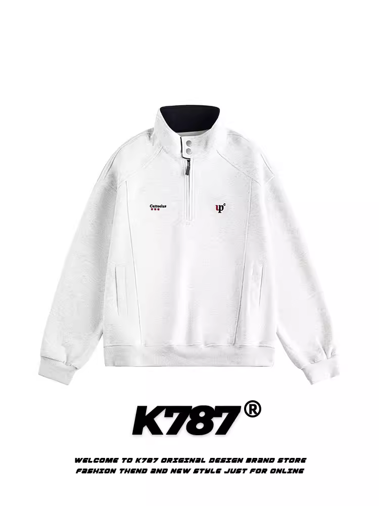 Áo nỉ cổ đứng thiết kế nửa khóa kéo kiểu Mỹ cổ điển K787 dành cho nam và nữ, áo khoác dáng rộng, đa năng, kiểu cặp đôi