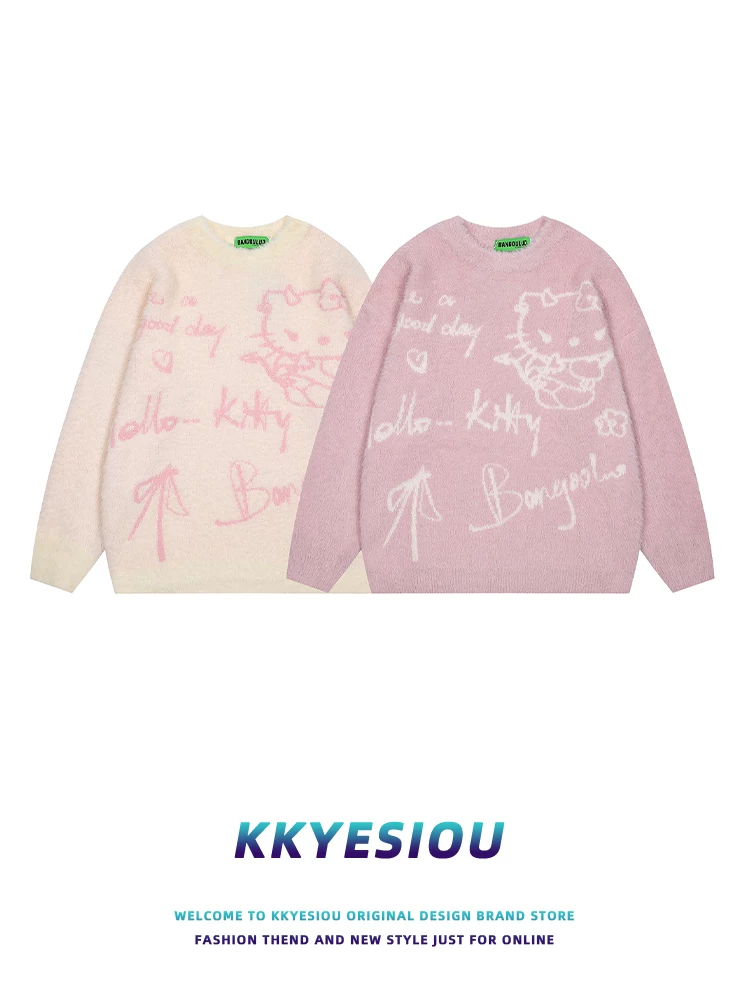 Áo len dệt kim kiểu Nhật KKyesiou Hello Kitty phong cách thường ngày dành cho nữ mùa thu đông 2024, phong cách đường phố Mỹ, tạo cảm giác năng động.