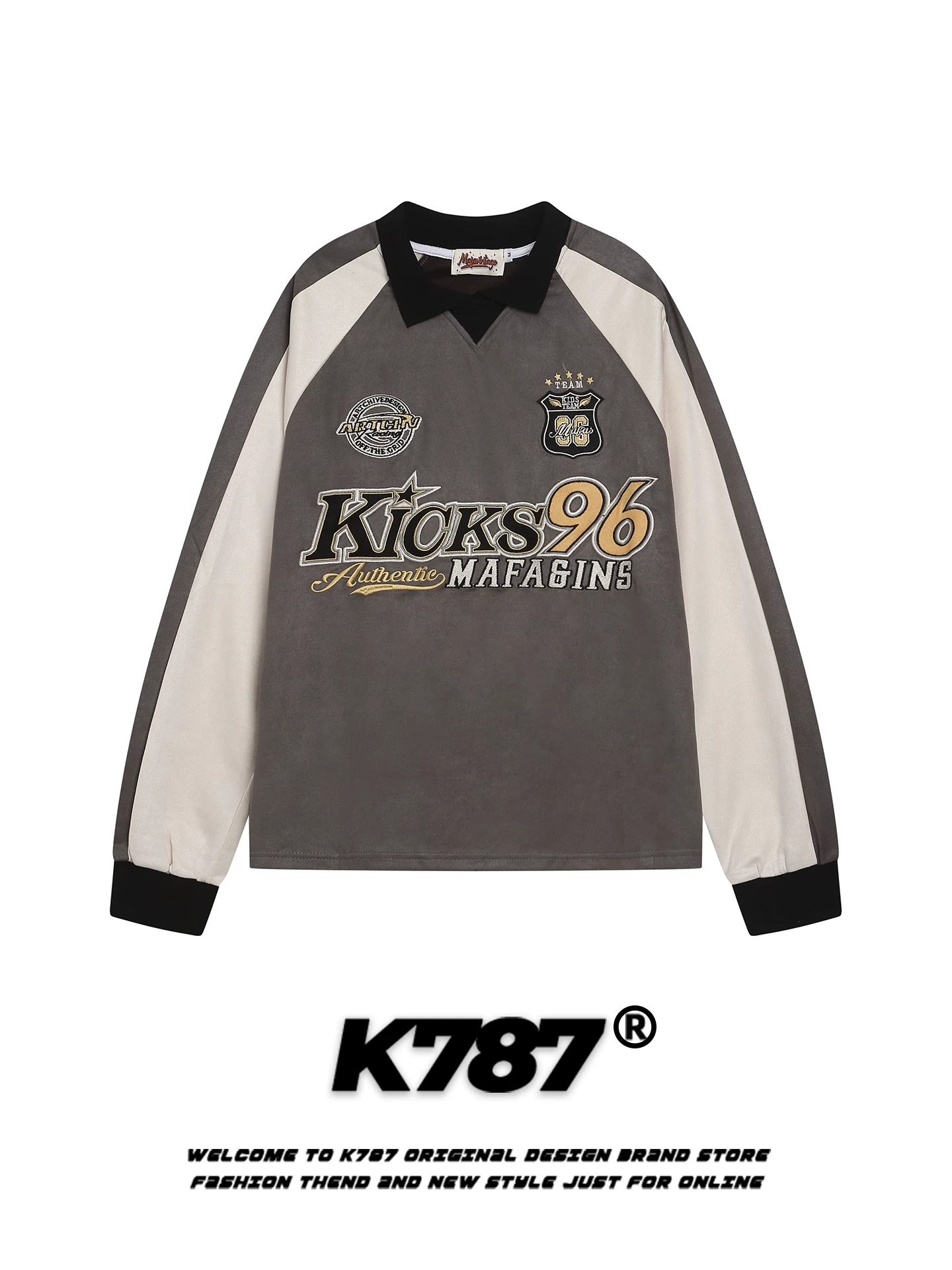 Áo thun nỉ cổ tròn phối màu thêu chữ kiểu Mỹ cổ điển K787, unisex, dáng rộng, phong cách hip-hop, thời trang, áo cặp đôi, kiểu POLO