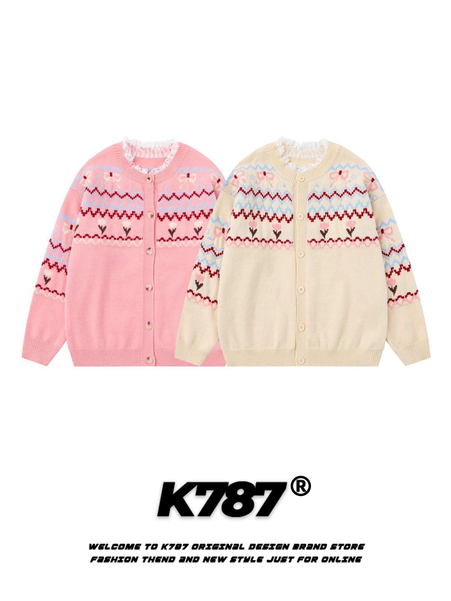 Áo len cardigan jacquard kiểu Mỹ cổ điển K787 dành cho nam và nữ, phối ren rộng rãi, kiểu dáng giản dị màu hồng