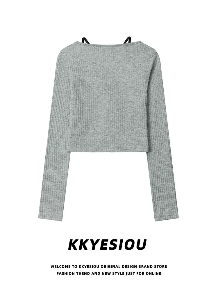 Áo len nữ kiểu KKyesiou, phong cách BM, giả hai mảnh, cổ halter, ngắn, kiểu thường, dây đeo bụng, phong cách học sinh, dệt kim, thường ngày