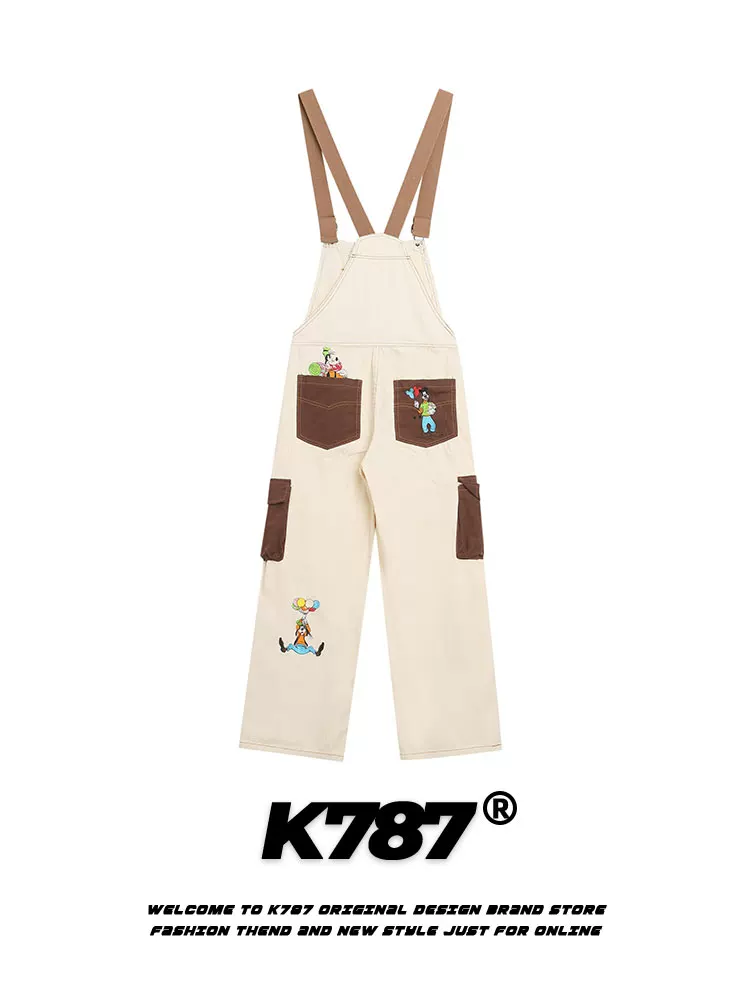 K787 Bộ áo liền quần vải canvas kiểu cổ điển của Mỹ có thêu hình chú chó unisex phong cách đại học quần yếm denim phối màu