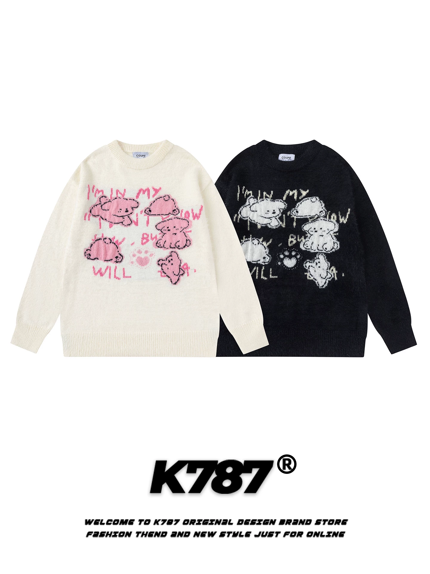 Áo len cổ tròn kiểu jacquard hình chú chó vui nhộn phong cách đại học Mỹ K787 dành cho nữ, kiểu dáng rộng rãi, thoải mái, ấm áp