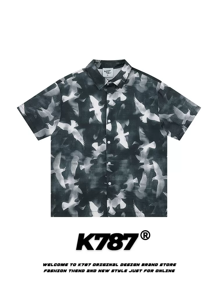 K787 nghệ thuật in hình chim bồ câu hòa bình đi biển áo sơ mi ngắn tay giản dị unisex phong cách đường phố Mỹ áo cardigan đa năng nửa tay