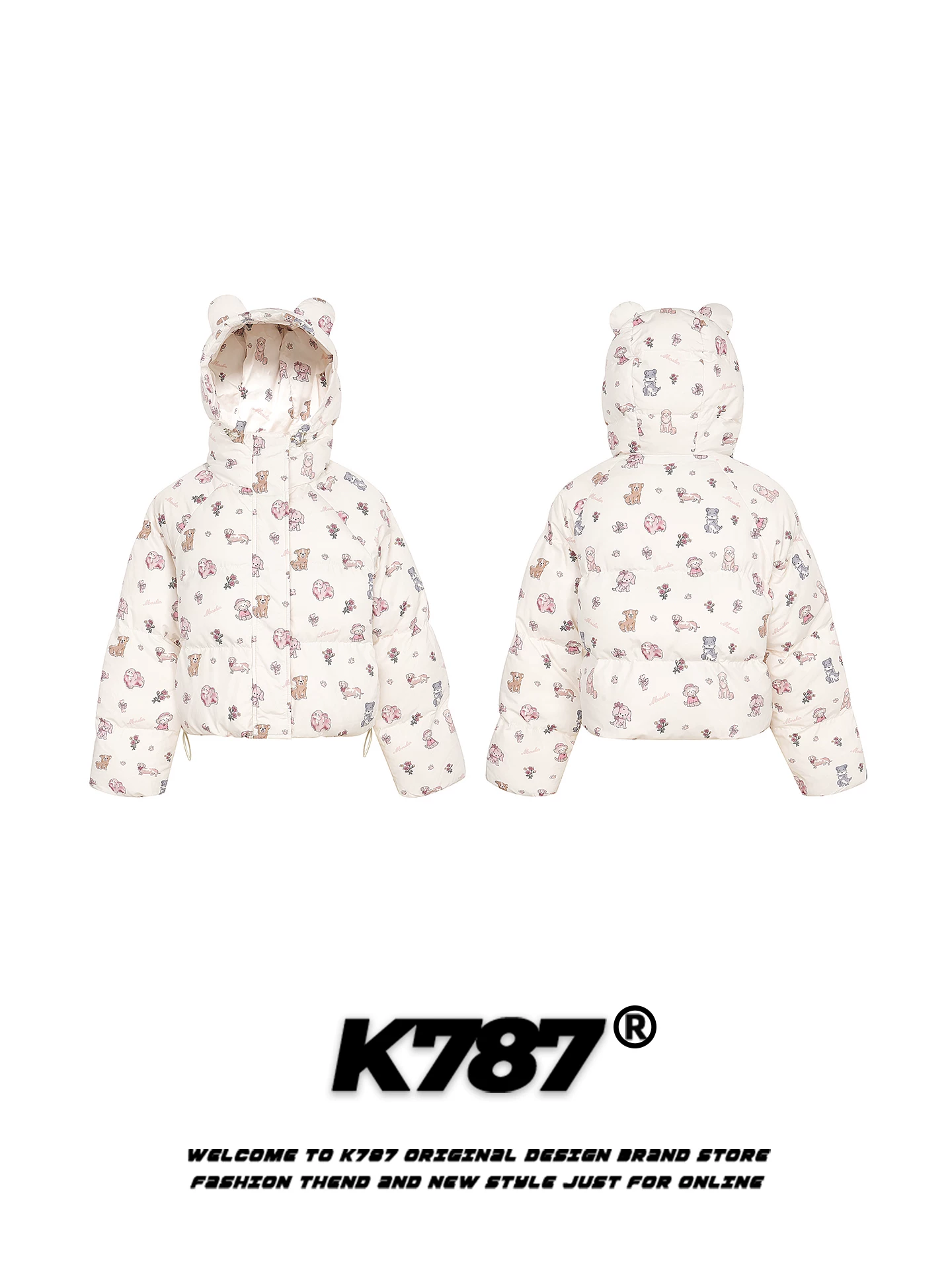 Áo khoác cotton có mũ trùm đầu in hình tai chó dễ thương phong cách Mỹ K787 dành cho nữ, áo khoác ngắn dày dặn giữ ấm mùa đông