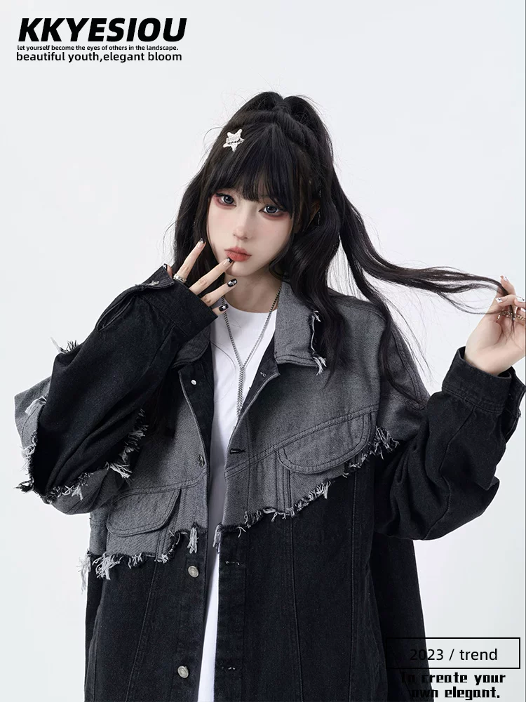 Áo khoác denim phối màu theo phong cách Mỹ của KKyesiou dành cho nam và nữ, áo khoác cặp đôi dáng rộng tua rua cổ điển