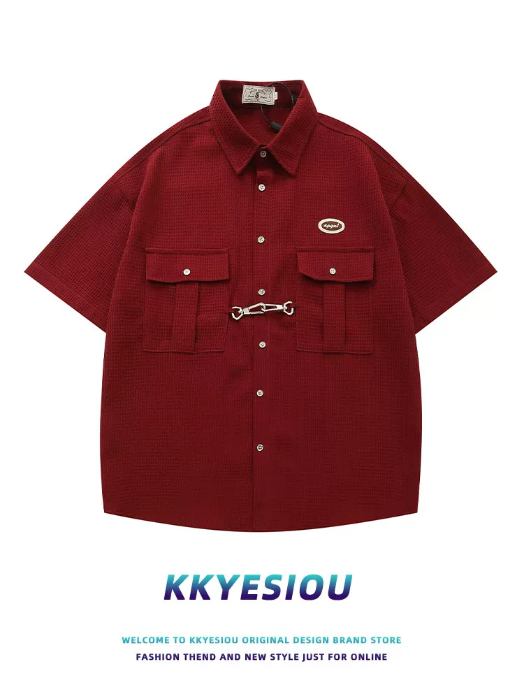 Áo sơ mi ngắn tay KKyesiou phong cách retro hip-hop thời thượng dành cho nam và nữ, áo đa năng phong cách đường phố Mỹ, phong cách đại học.