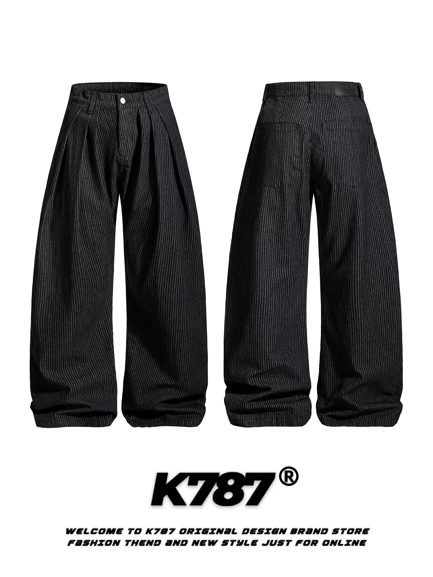 Quần ống rộng xếp ly phong cách đường phố đa năng, cạp cao, kiểu dáng unisex, họa tiết sọc retro Mỹ K787
