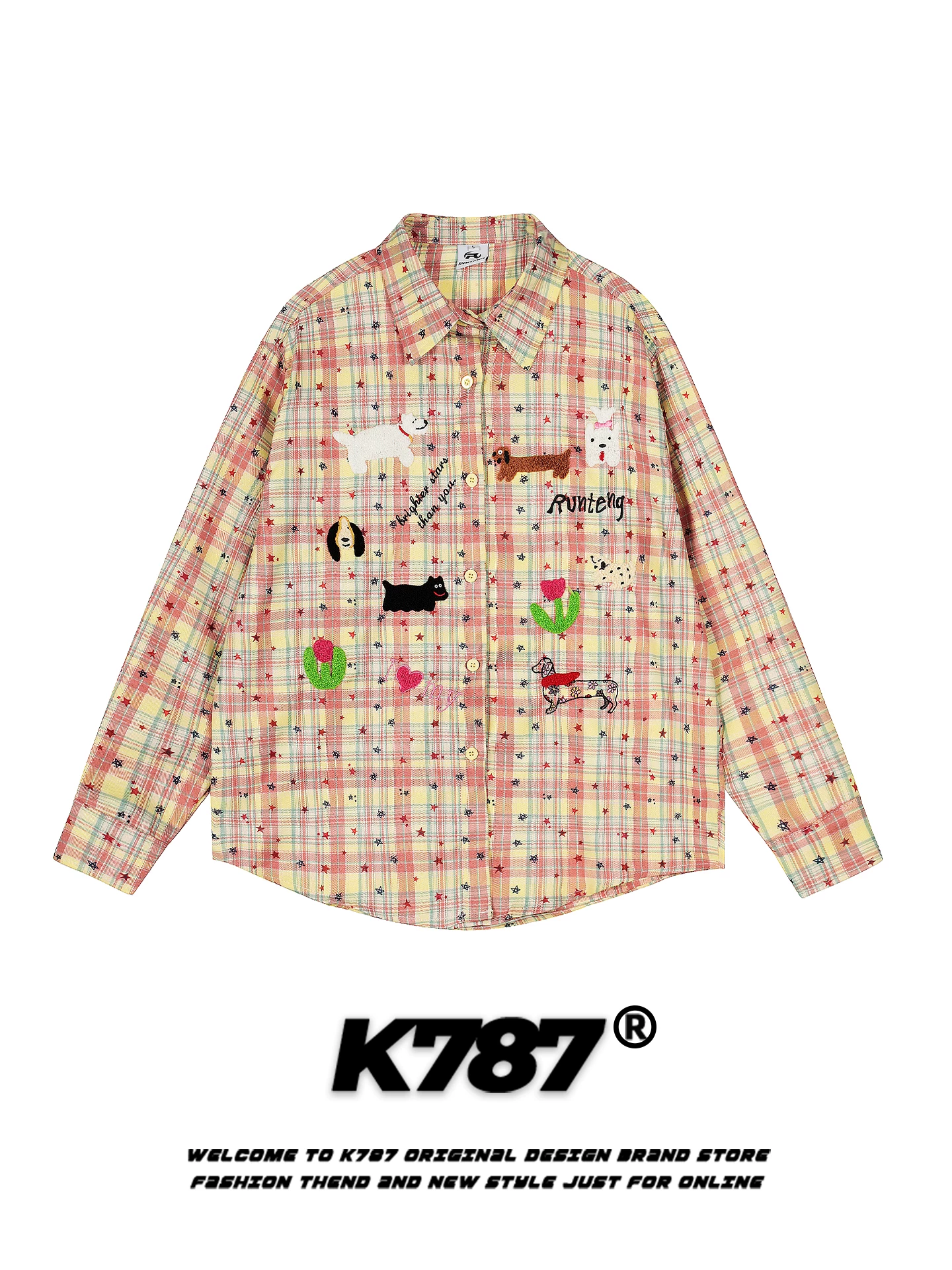 K787 Mỹ retro vui nhộn thêu chó kẻ sọc dài tay áo sơ mi unisex lười biếng phong cách áo sơ mi dáng rộng áo khoác mùa thu