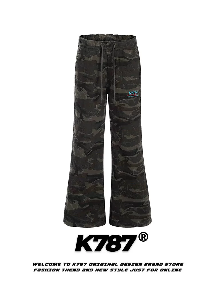 Quần kaki dáng rộng phong cách retro Mỹ K787, họa tiết rằn ri, unisex, đa năng, phong cách đường phố, hip-hop, cạp cao, dáng thẳng