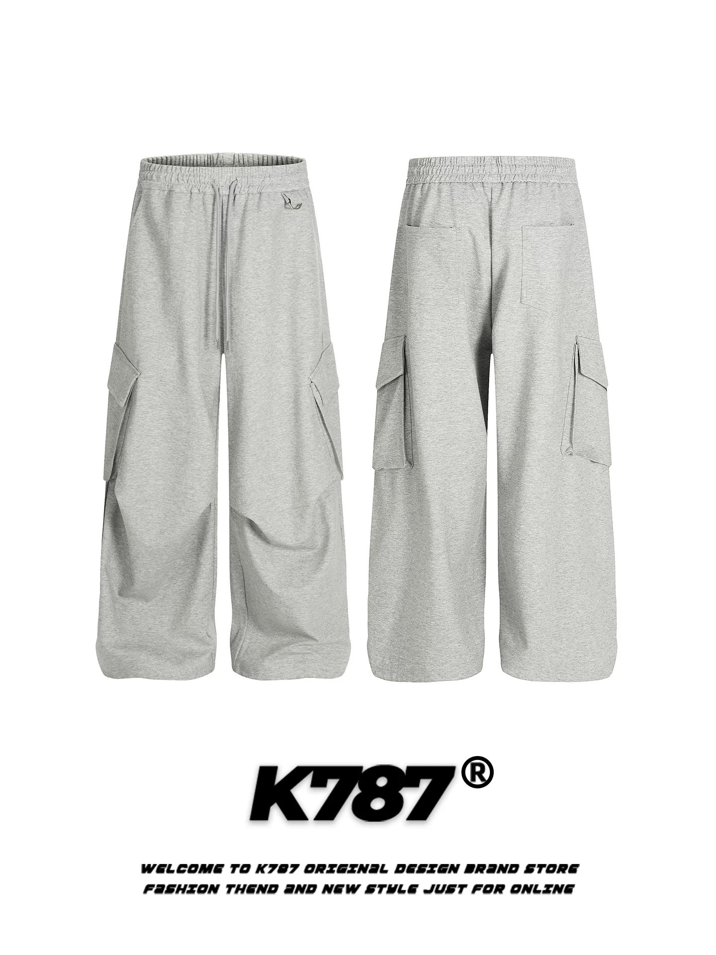 Quần dài unisex kiểu Mỹ cổ điển K787 nhiều túi, dây rút, dáng rộng, xu hướng thời trang, thương hiệu đơn giản, ống rộng, dài.