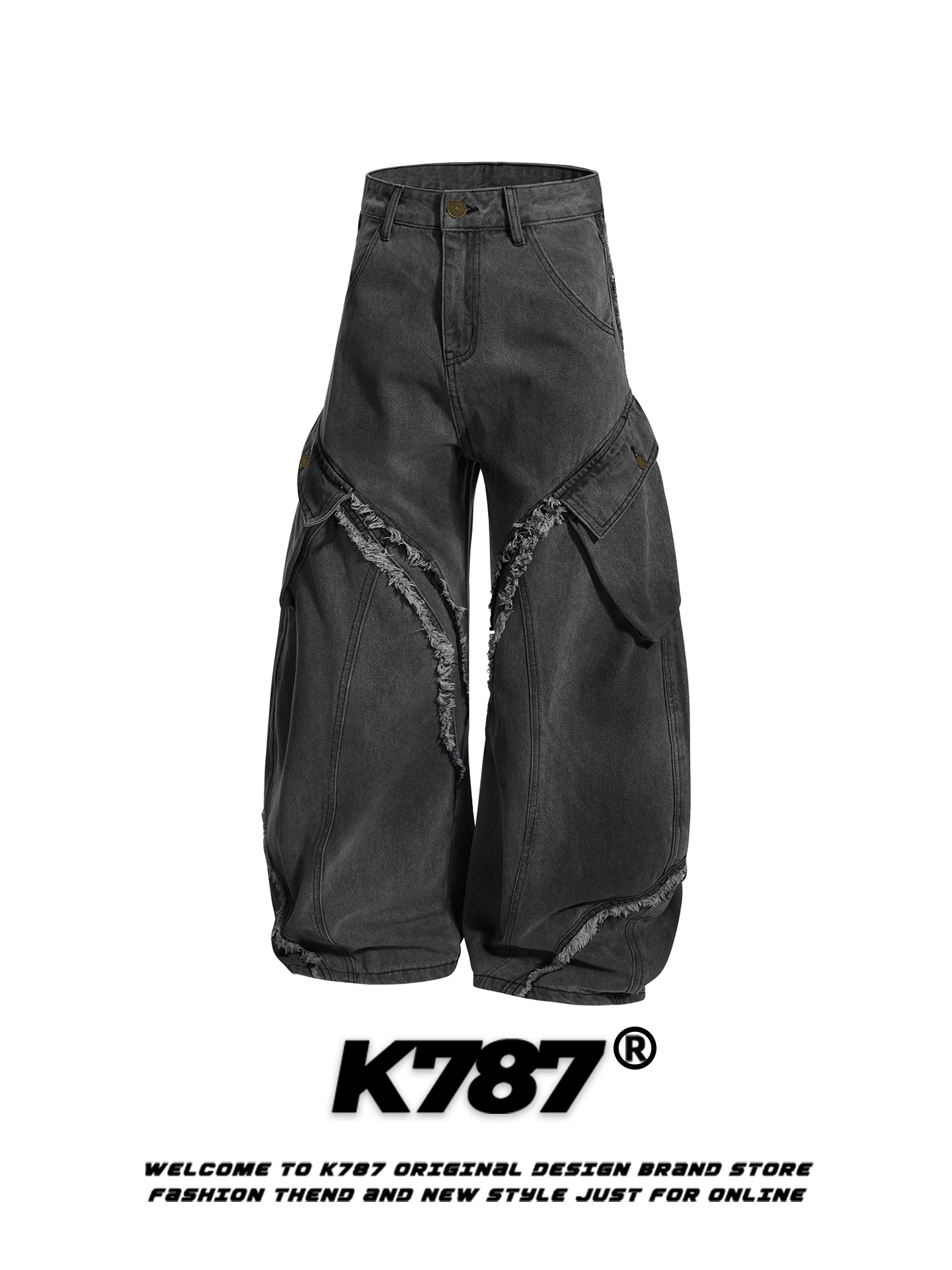 Quần jeans K787 kiểu Mỹ cổ điển, rách tua rua, dáng rộng unisex, xu hướng quốc dân, thiết kế phá cách, nhiều túi, ống rộng
