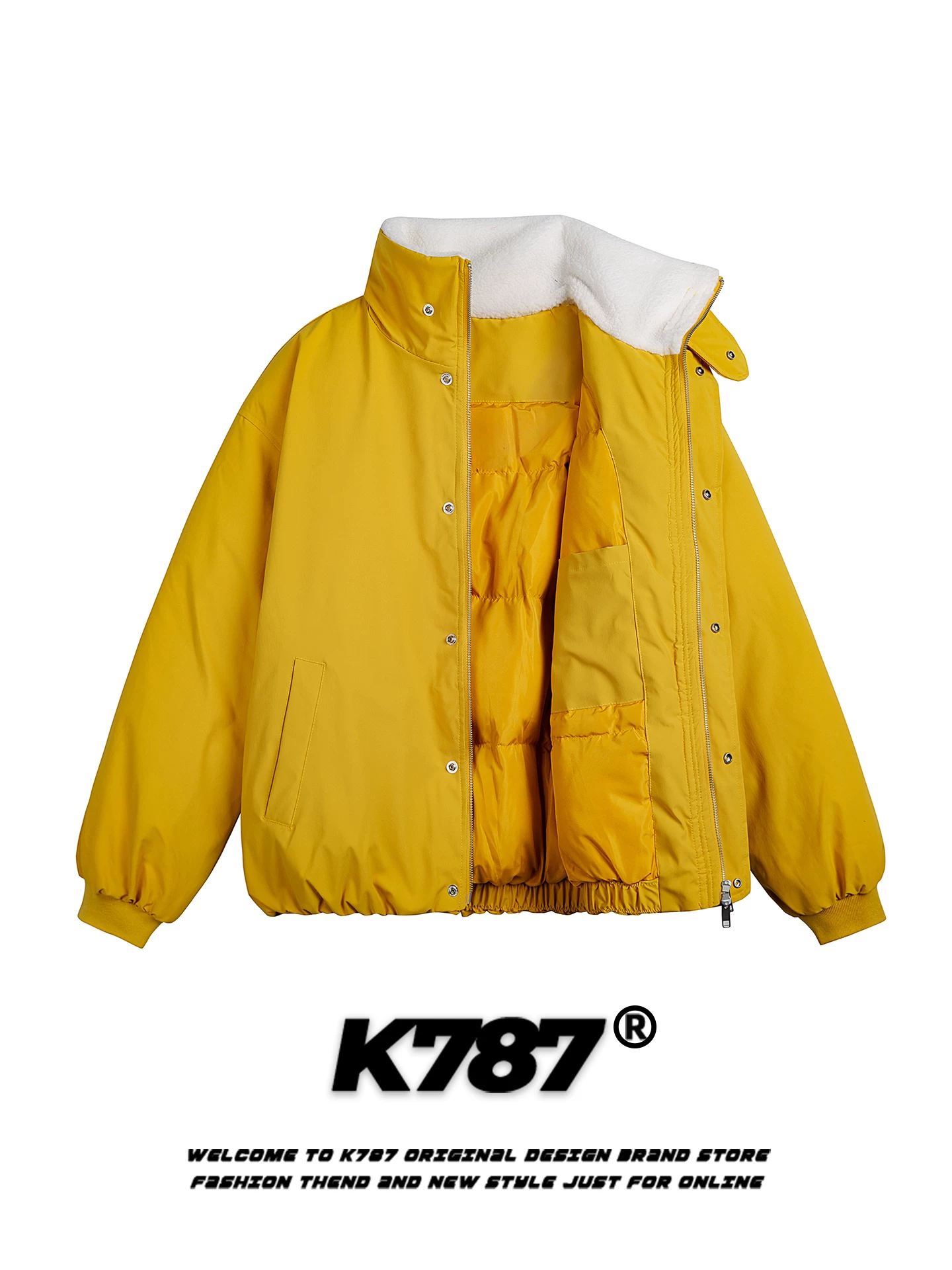 Áo khoác cotton cổ đứng phối len cừu kiểu Mỹ cổ điển K787 dành cho nam và nữ, áo khoác cotton dày dặn màu trơn theo xu hướng quốc gia, giữ ấm mùa đông.