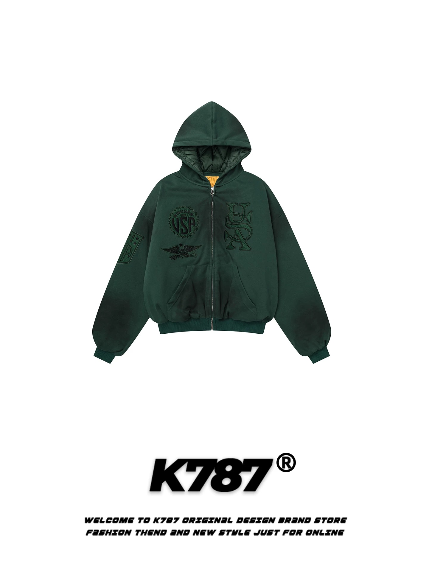 Áo khoác cotton có mũ trùm đầu thêu chữ cổ điển Mỹ K787 dành cho nam và nữ, áo khoác cotton có khóa kéo màu đỏ tía ấm áp cổ điển hợp thời trang