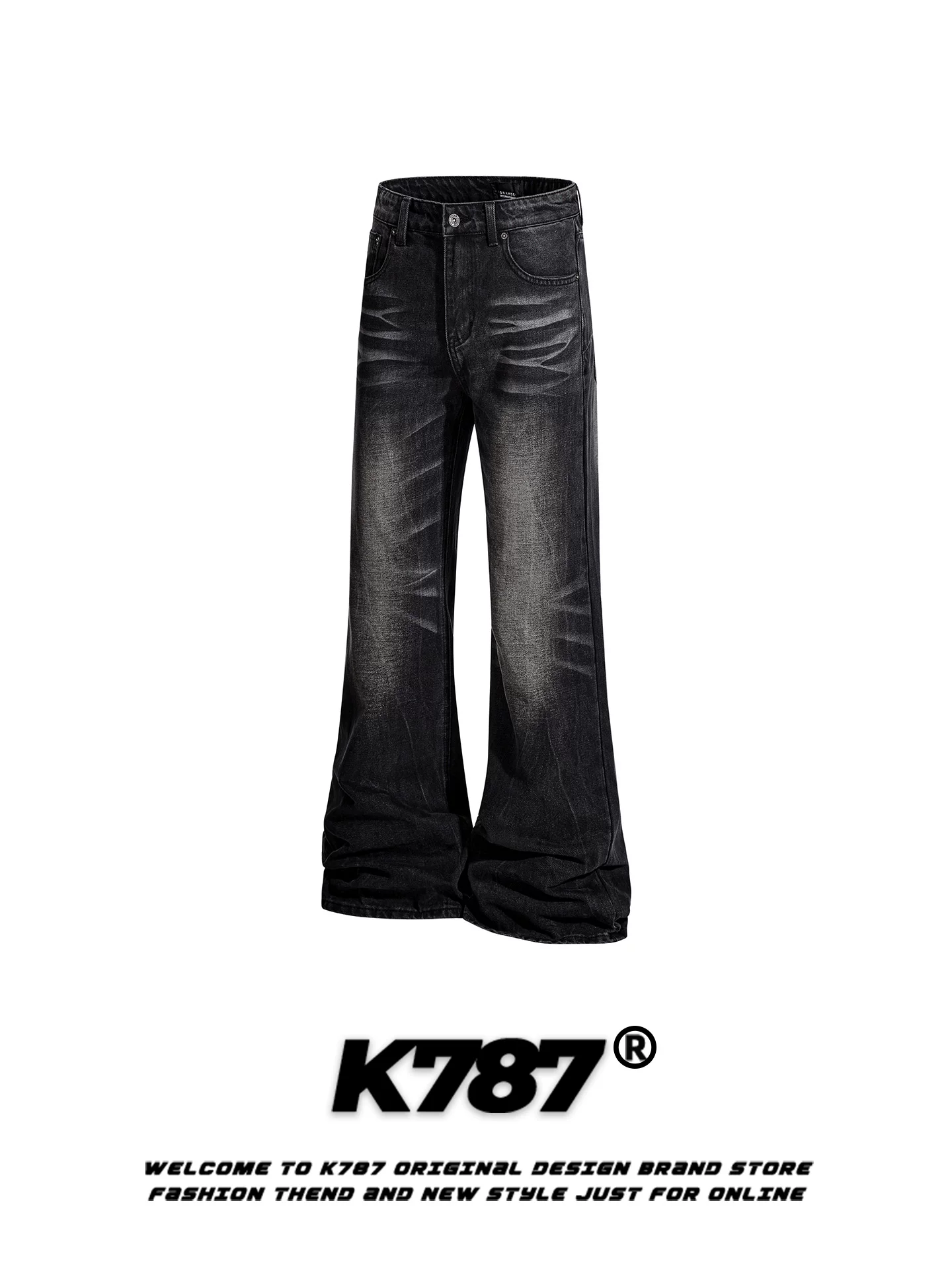 Quần jeans K787 kiểu Mỹ cổ điển, xước, phai màu, dành cho nam và nữ, dáng rộng, tôn dáng, cạp cao, phong cách đường phố, quần ống loe đa năng