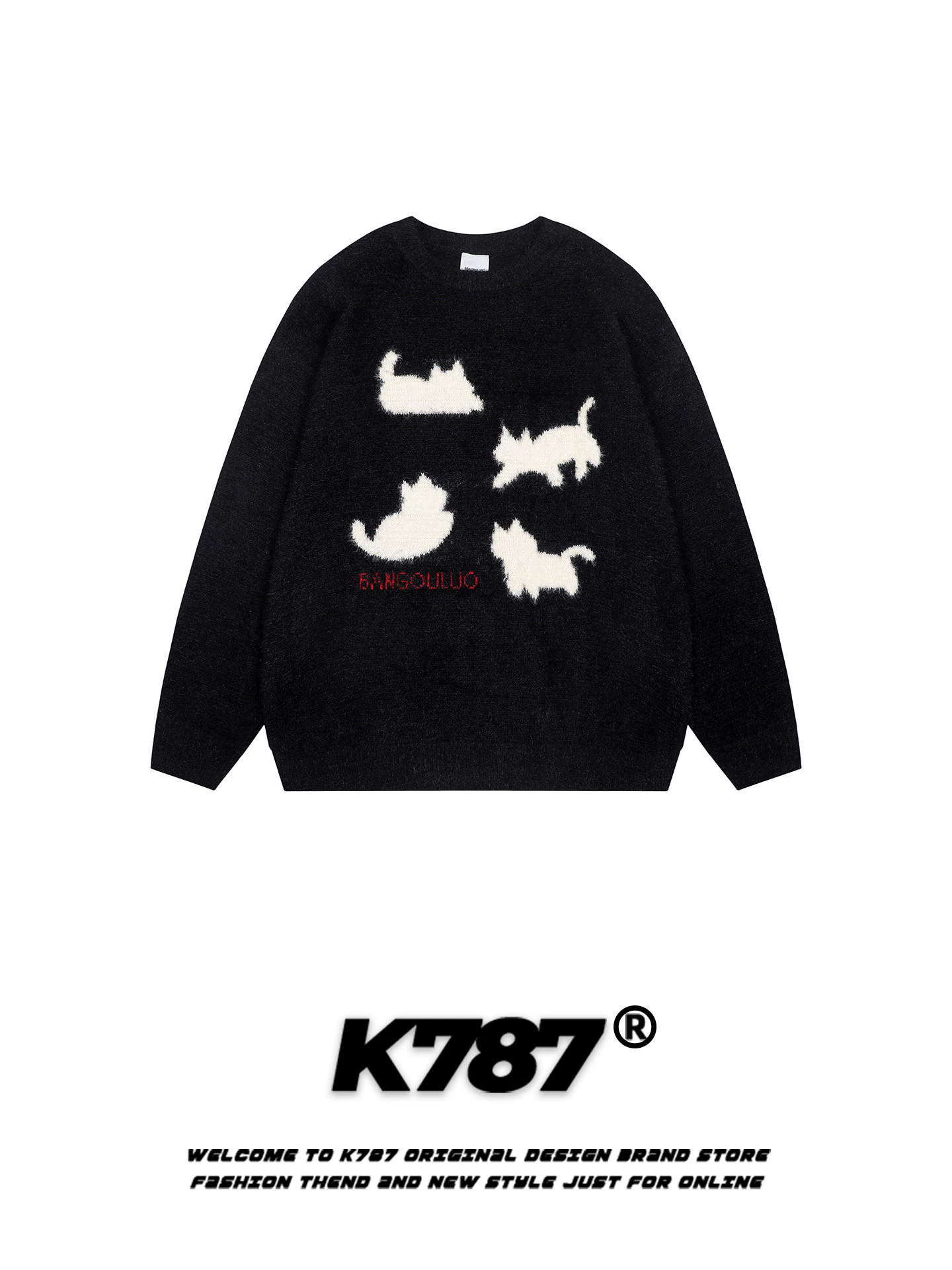 K787 Áo len dệt kim jacquard hình mèo vui nhộn kiểu Mỹ dành cho nam và nữ, mềm mại và rộng rãi, áo len cặp đôi phong cách đại học giản dị