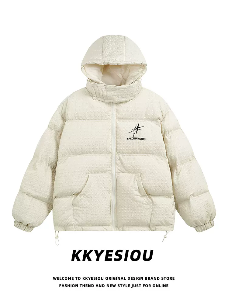 Áo khoác cotton kiểu Mỹ cổ điển màu đỏ đô thời thượng của KKyesiou dành cho nam và nữ, có cổ đứng, áo khoác cotton có mũ mùa đông phong cách đại học