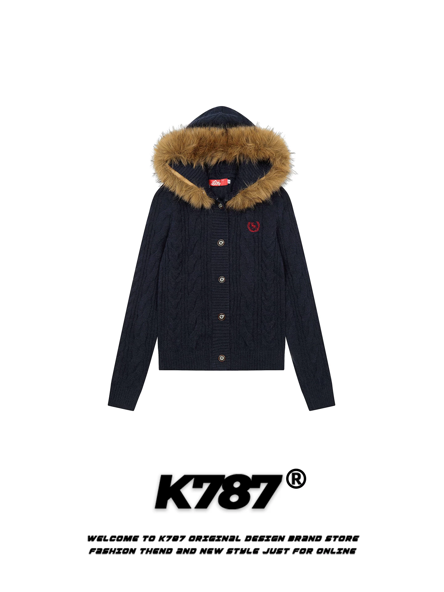 Áo khoác cardigan dệt kim có mũ trùm đầu phong cách retro Mỹ K787 dành cho nữ, áo khoác ngắn có mũ trùm đầu phong cách retro, phong cách và sành điệu, ấm áp và trẻ trung.