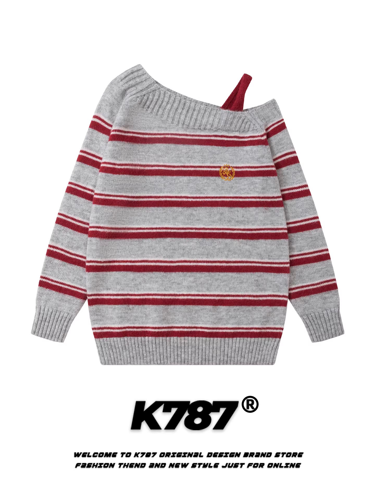 Áo len nữ kiểu Mỹ K787, phối màu sọc, kiểu trễ vai, dáng rộng, tôn dáng, trẻ trung, chất liệu dệt kim.